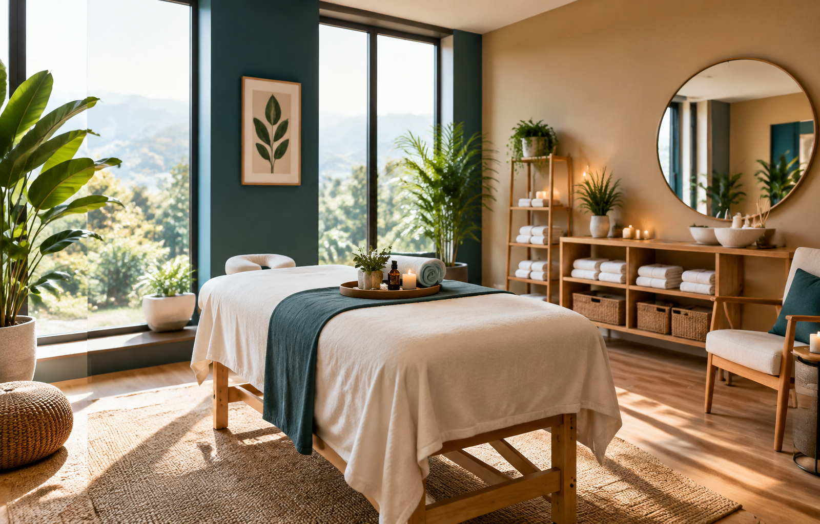 Moderner, heller Massage- und Wellnessraum mit Massageliege – so sieht dein späterer Arbeitsplatz aus