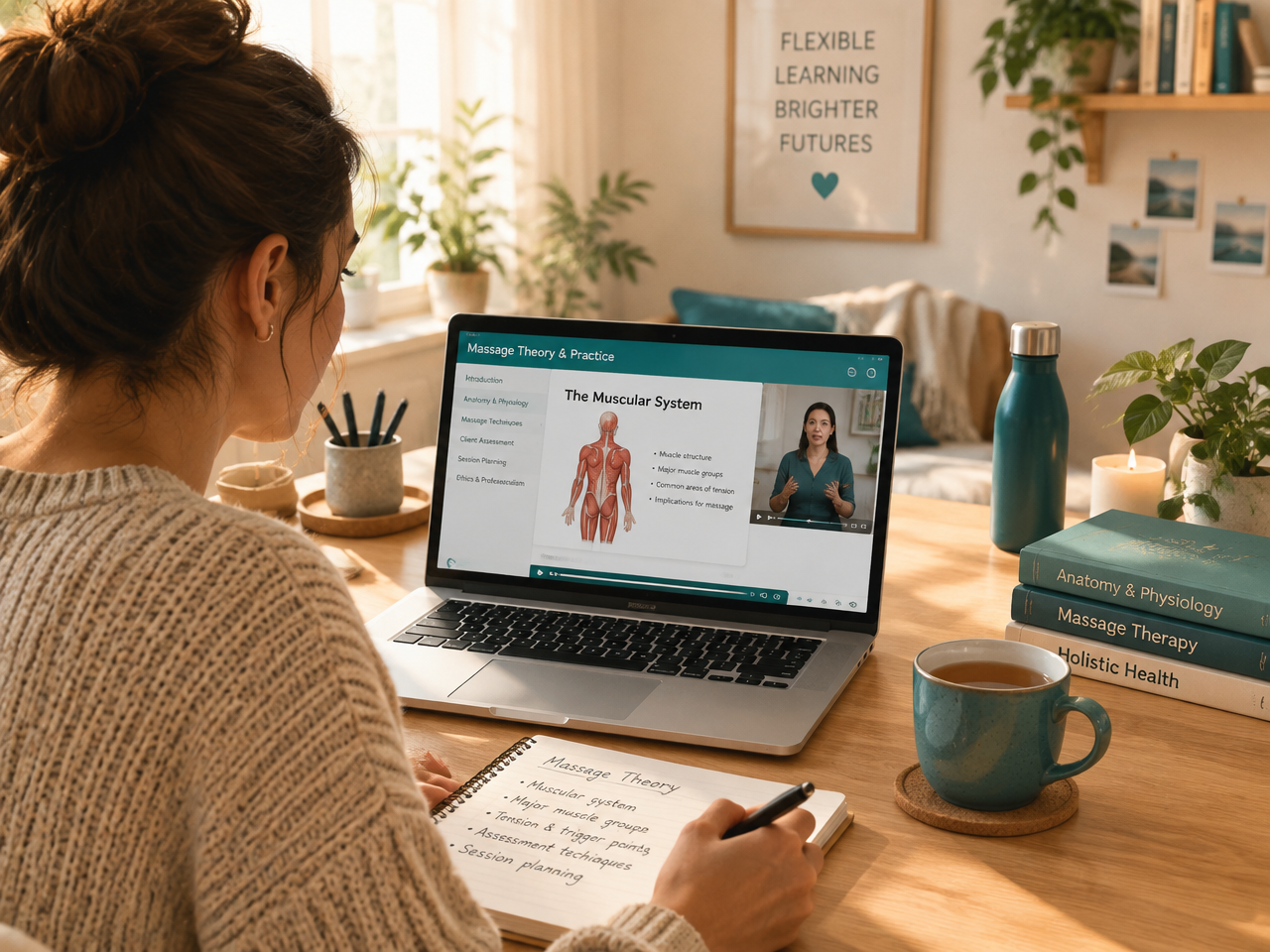 Teilnehmerin lernt die Massage-Theorie flexibel online am Laptop von zu Hause