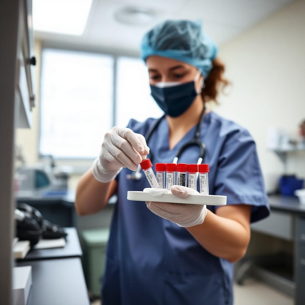 Medizinische Verwaltungsassistentin bei der Blutabnahme und Laborarbeit in einer österreichischen Arztpraxis