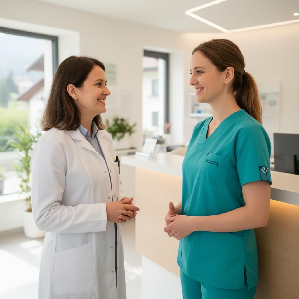 Ordinationsassistentin und Ärztin im Gespräch in einer modernen Wiener Ordination – Jobs nach der Ausbildung zur Ordinationsassistenz